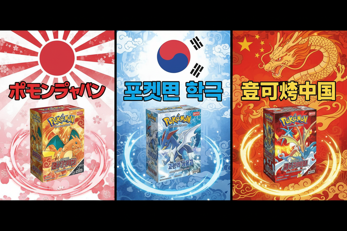 Comparaison de displays Pokémon japonaises, coréennes et chinoises côte à côte – guide collector Boosterboxtcg