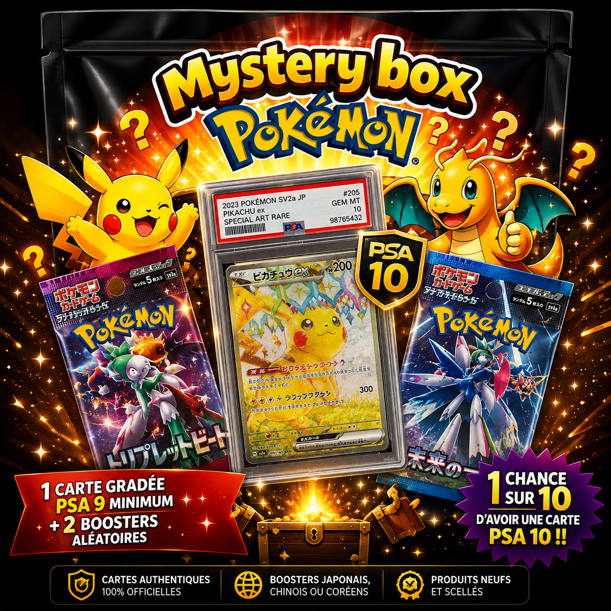 Contenu du Mystery Pack Booster Box Pokémon - boosters et carte gradée PSA
