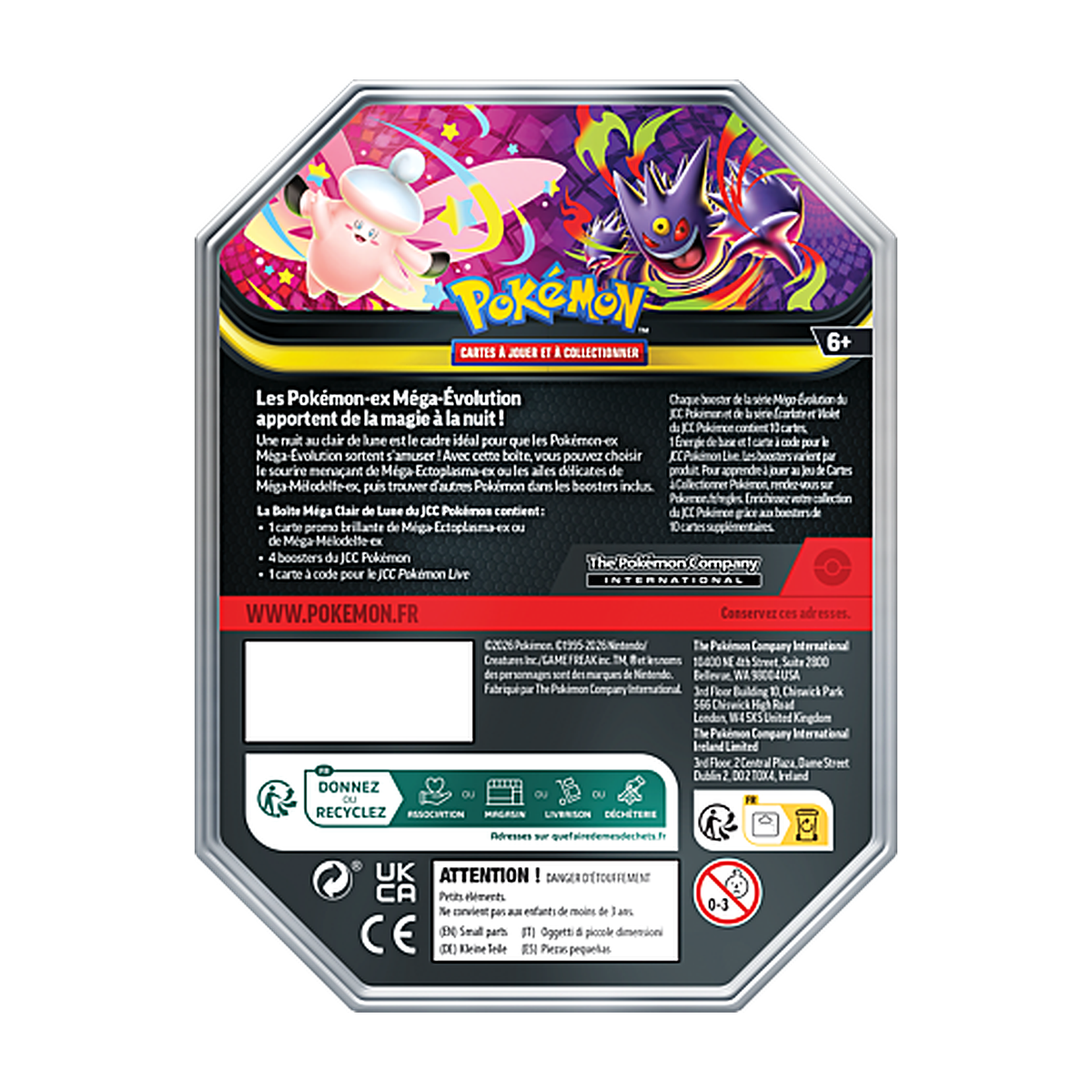 Pokébox Méga-Ectoplasma-ex / Méga-Mélodelfe-ex Méga Clair de Lune Français - contenu au dos de la boîte